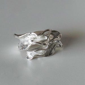 Puede incluir: Un anillo plateado con un diseño orgánico y fluido. El anillo parece estar hecho de un metal texturizado, con una forma escultural y fluida. El diseño del anillo tiene una calidad artística única, con un enfoque en la forma y la textura.