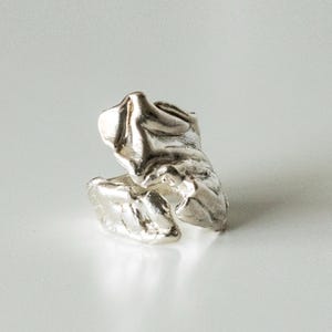 Puede incluir: Un anillo plateado con un diseño abstracto y orgánico. El anillo parece estar hecho de un metal texturizado, con una forma escultural y fluida. El anillo se encuentra sobre un fondo blanco liso, resaltando su forma única y brillo metálico.