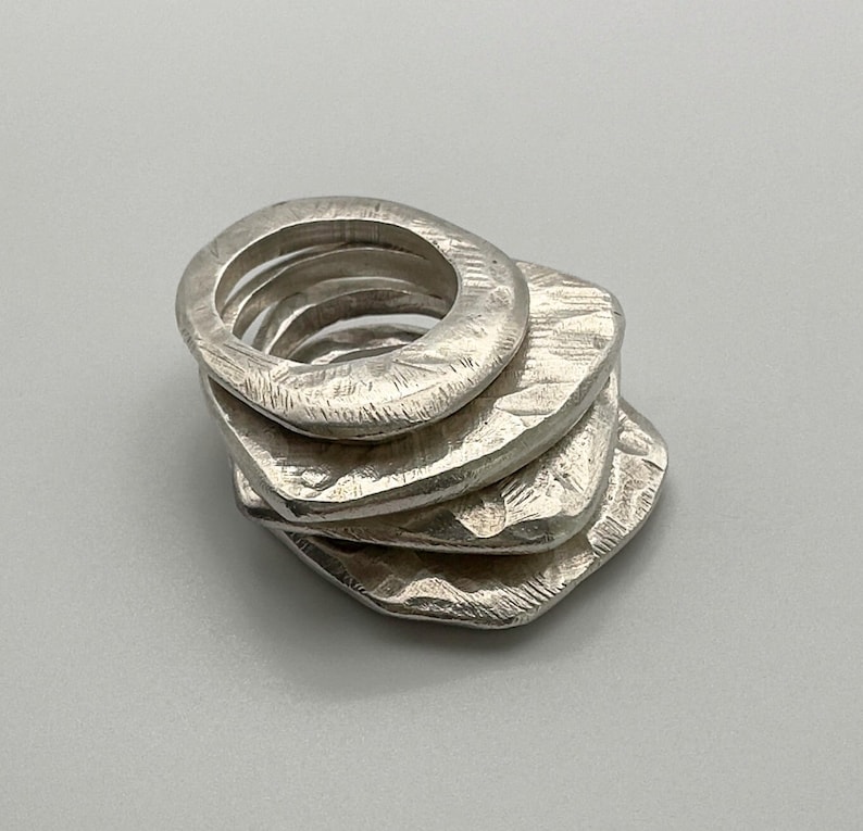 set of four solid silver chunky stack rings