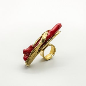 Red Coral Ring, Chunky Ring, Gemstone ring, Brass ring, Natural Coral, Coral Gemstone, Handcrafted Ring