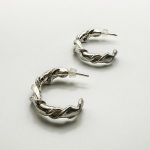Twisted Hoop Earrings, Solid Sterling Silver Hoop Earrings, Modernist Earrings, Tribal Jewelry, Everyday Earrings, Contemporary Jewelry