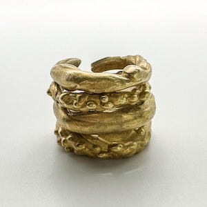 Può includere: Un anello d'oro composto da quattro bande impilate, ciascuna con un design testurizzato unico. La banda superiore ha una forma liscia e organica, la seconda banda ha una texture perlata, la terza banda è liscia e la banda inferiore ha un design testurizzato che ricorda piccole protuberanze.