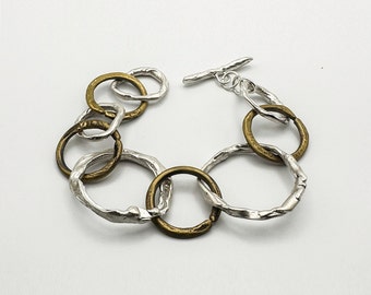 Bracelet chaîne en laiton et argent massif 925, bracelet grosse chaîne, gros bracelet en argent, bracelet femme chaîne épaisse en argent, chaîne large