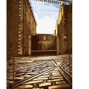 May include: A vintage-style illustration of the Guinness Brewery in Dublin, Ireland. The image shows a brick building with a large wooden gate that says "GUINNESS" in gold lettering. The gate is open, revealing a cobblestone street with train tracks.