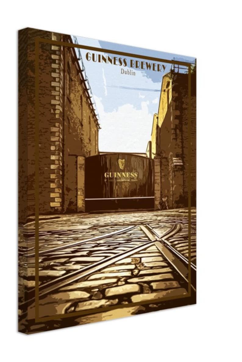 May include: A vintage-style illustration of the Guinness Brewery in Dublin, Ireland. The image shows a brick building with a large wooden gate that says "GUINNESS" in gold lettering. The gate is open, revealing a cobblestone street with train tracks.