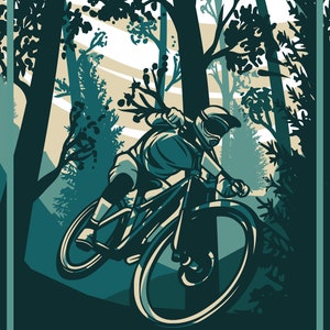 May include: A mountain biker in a helmet and protective gear rides a black and green mountain bike through a forest. The bike has two large wheels and the rider is leaning forward. The background is a green and blue forest with trees and a light blue sky. The text "Mountain Bike" is at the bottom of the image, with the tagline "It Never Gets Easier, You Just Get Better".