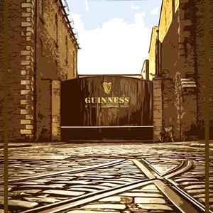 May include: A vintage-style illustration of the Guinness Brewery in Dublin, Ireland. The image shows the iconic brick buildings and a large wooden gate with the Guinness logo. The gate is open, revealing a cobblestone street with train tracks.