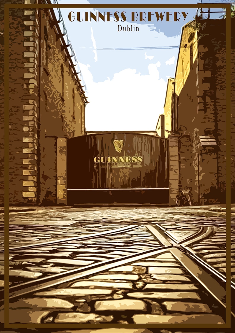 May include: A vintage-style illustration of the Guinness Brewery in Dublin, Ireland. The image shows the iconic brick buildings and a large wooden gate with the Guinness logo. The gate is open, revealing a cobblestone street with train tracks.