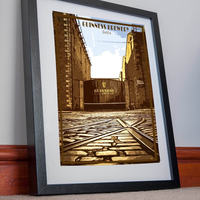 May include: A vintage-style poster featuring a view of the Guinness Brewery in Dublin, Ireland. The poster is in brown and gold tones and features the iconic Guinness logo and the words "Guinness Brewery Dublin".