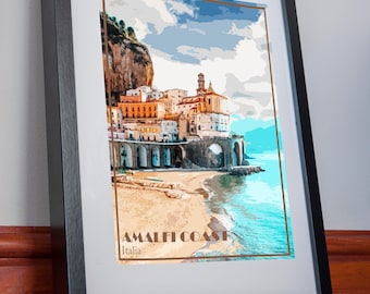 Póster impreso en lienzo de la costa de Amalfi, imagen vintage de Italia, regalo de vacaciones, decoración del hogar, recuerdo de vacaciones, arte retro, póster de pared de viaje