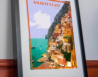 Póster impreso de Amalfi, lienzo, arte de pared, costa italiana, imagen vintage, regalo de vacaciones, decoración del hogar, recuerdo de vacaciones, póster de viaje retro