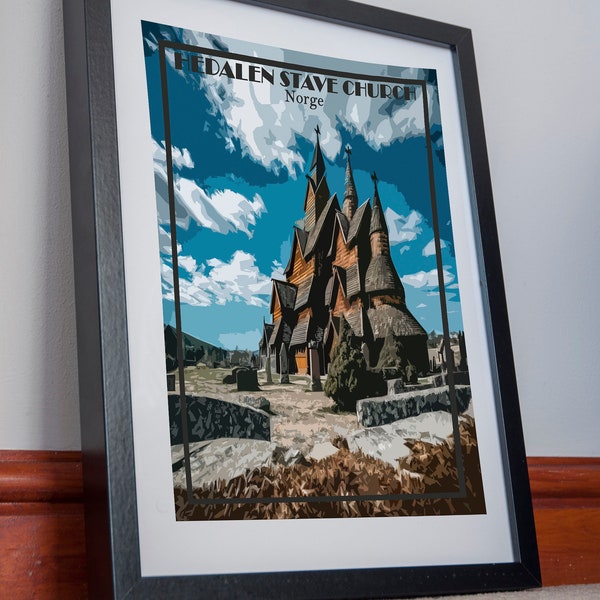 Hedalen stave Church print poster canvas Hedalen Norway wall art artwork wall decor Paint Norway travel gift souvenir Hedalen print poster