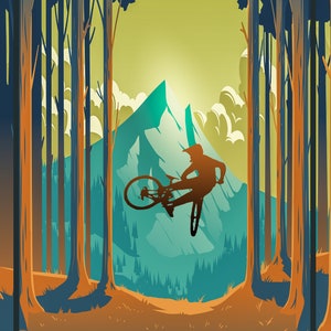 May include: A silhouette of a mountain biker jumping over a mountain range in a forest setting. The text "A Bad Day On The Mountain Bike Always Beats A Good Day In The Office" is at the bottom of the image.