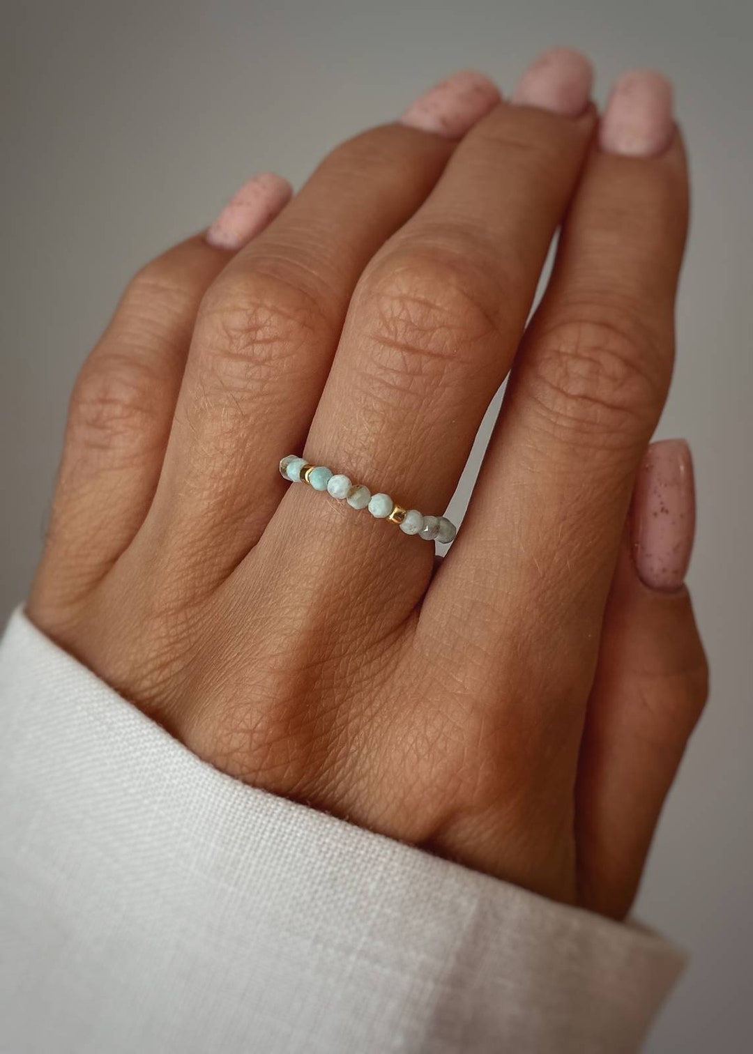 Elastic Stretch Stacking Ring | Larimar, Sterling Silver Gold Plated ...