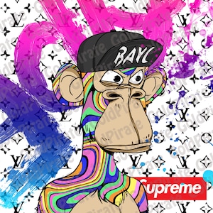 May include: A cartoon monkey wearing a black baseball cap with the text "BAYC" on it. The monkey has a colourful, psychedelic pattern on its body. The background is a white and black pattern with the Louis Vuitton logo. The bottom of the image has the word "Supreme" in red letters.