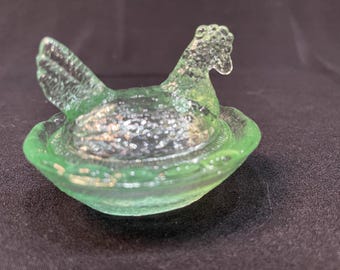 Vintage Miniature Green Glass Hen on a Nest