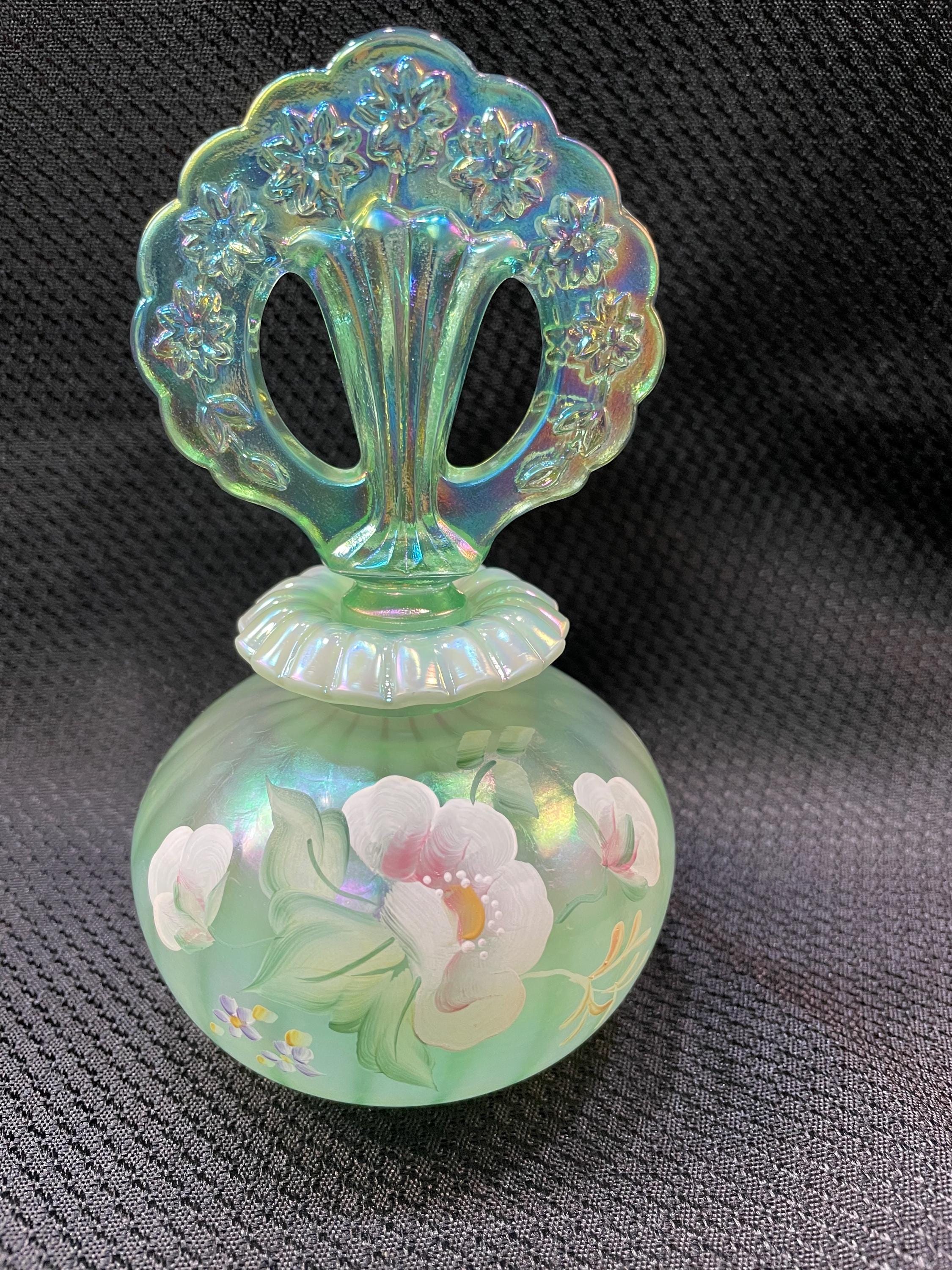 Vintage Fenton Willow Green Opalescent 95th Anniversary Glass Perfume Bottle