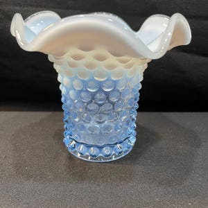 Fenton Blue Opalescent Hobnail Ruffled Vase