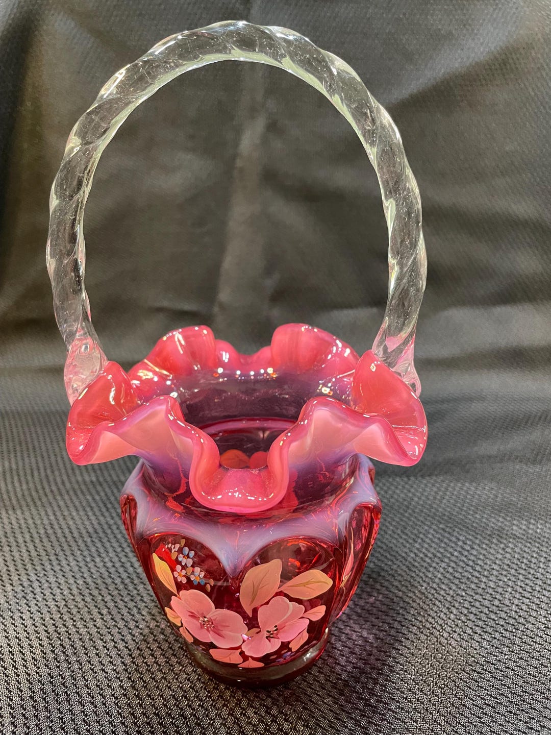 Fenton Art Glass Cranberry Opalescent Open Heart Arches Basket