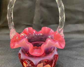Fenton Art Glass Cranberry Opalescent Open Heart Arches Basket