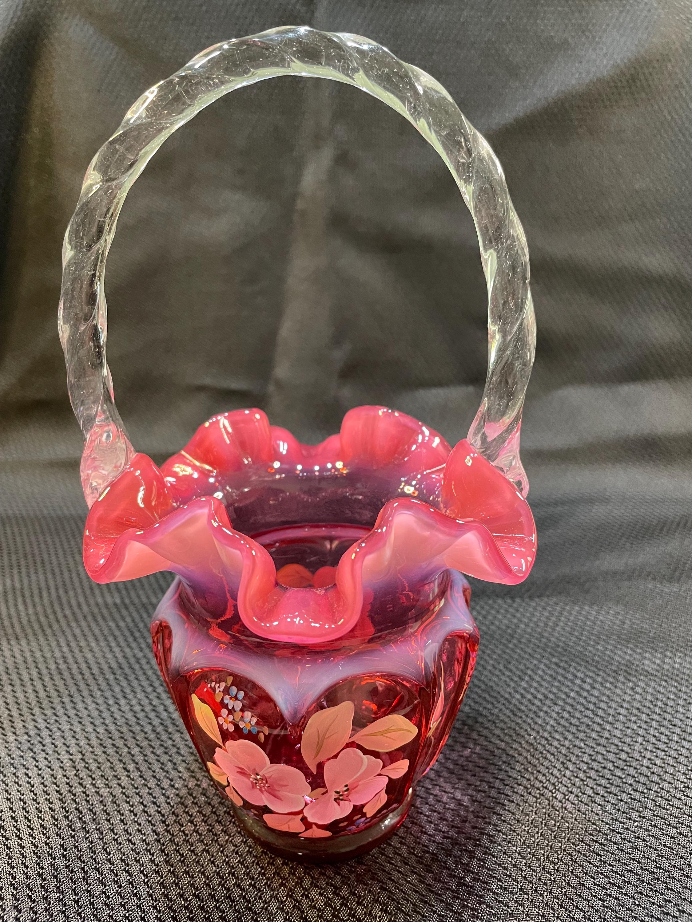 Fenton Art Glass Cranberry Opalescent Open Heart Arches Basket