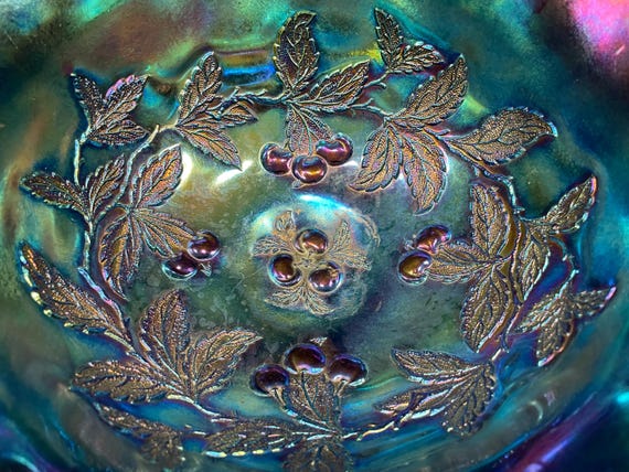 Antique Dugan Wreathed Cherry/Grape/Peach Amethyst Carnival Glass Punch Bowl