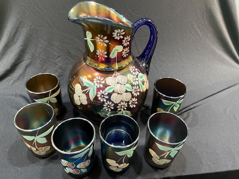 Fenton Cobalt Blue Hand Painted Carnival Glass Water Pitcher Set Etsy