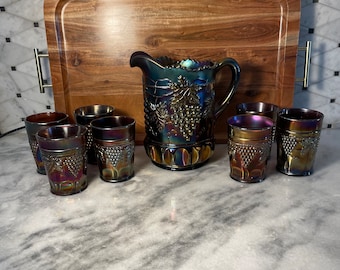 Northwood Carnival Glass Grape and Cable Pattern Water Set Pitcher