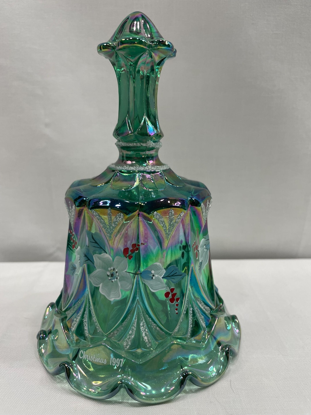 Fenton 1997 Green Glass Christmas Bell Hand Painted and Signed by