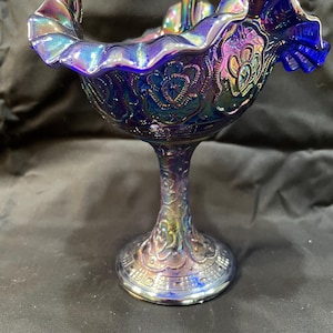 Fenton Iridized Cobalt Blue Carnival Glass Persian Medallion Ruffled Edge Compote