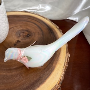 Vintage Fenton Iridescent Glass/ White Opalescent Long Tail Bird/ Bird of Happiness