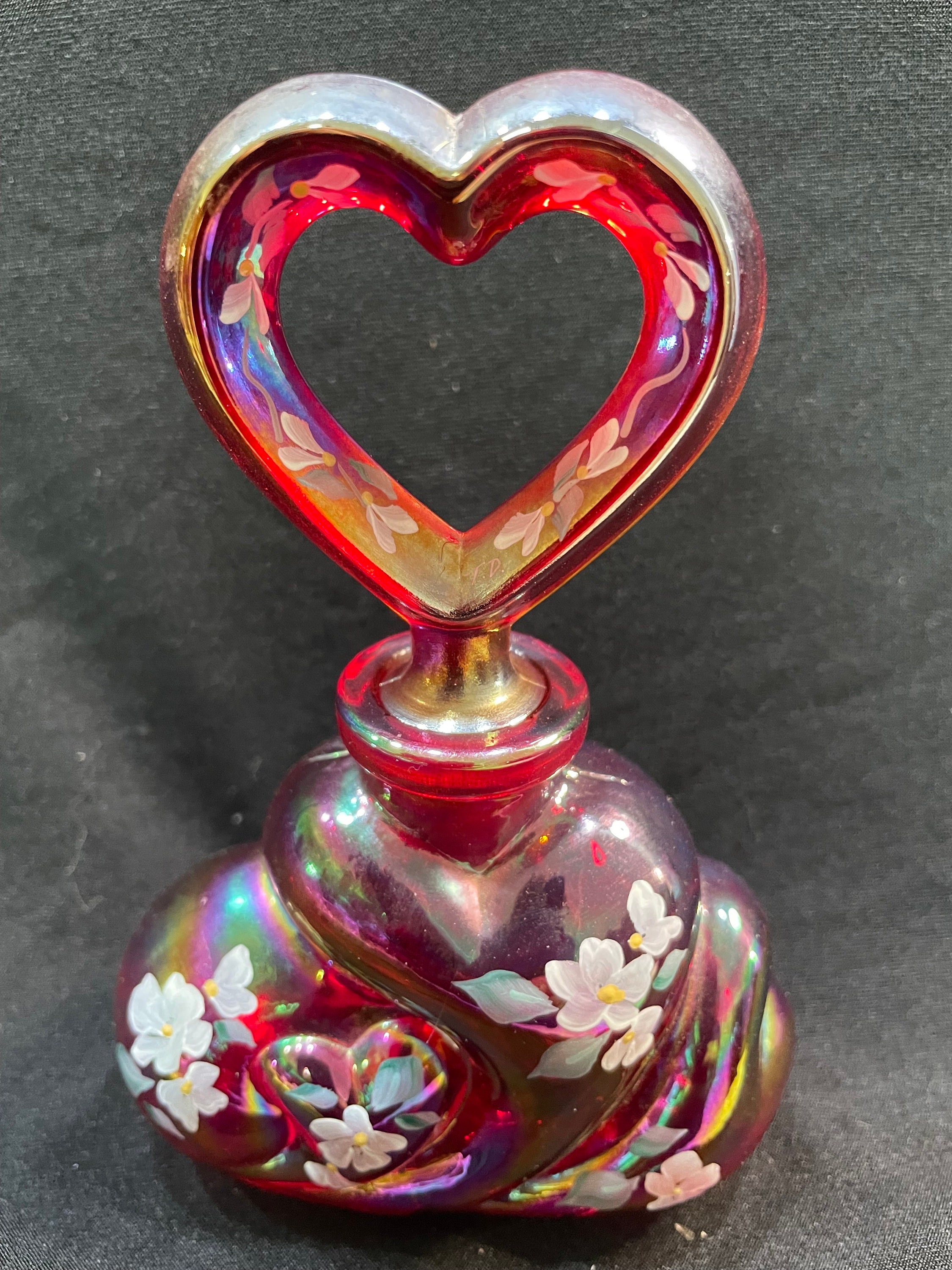 Fenton Art Glass Ruby Red Perfume Bottle Hand Painted and Signed