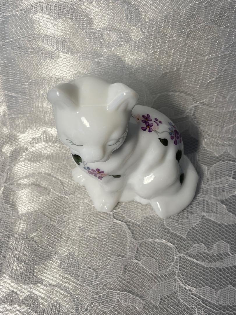FENTON 花柄 CAT 眠り猫 フェントン ブルーオパールガラス 置物