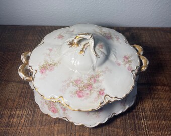 Haviland Limoges Porcelain Round Vegetable Serving Dish with Lid, Pink Roses Collectible China