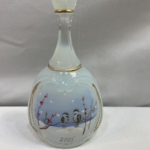 2005 Fenton Art Glass Bell with Hand Painted Chickadees Signed by the Artist