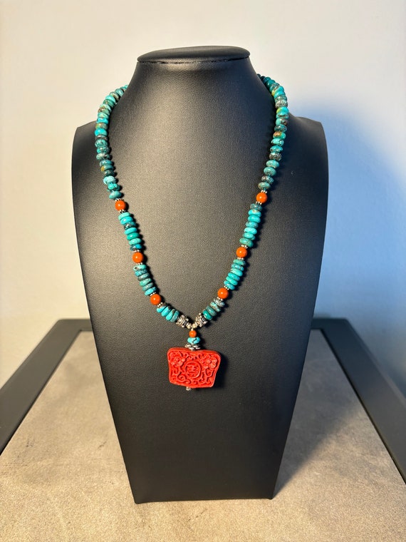 18" Turquoise Silver Beaded Chinese Necklace with 