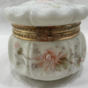 Antique Wave Crest Hand Painted Glass Dresser Powder Jar
