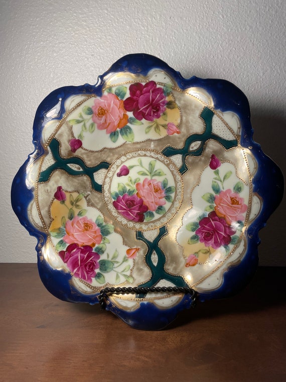 Vintage Hand Painted Blue Floral Dish with Ruffled Edge Vintage Hand Painted Blue Floral Dish with Ruffled Edge