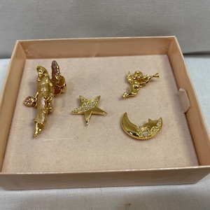 Vintage Kirks Folly Gold Tone Crystal and Enamel Fairy Pin/3 Piece Gold Tone Set of Angel, Crescent Moon and Star Pendant in Original Box