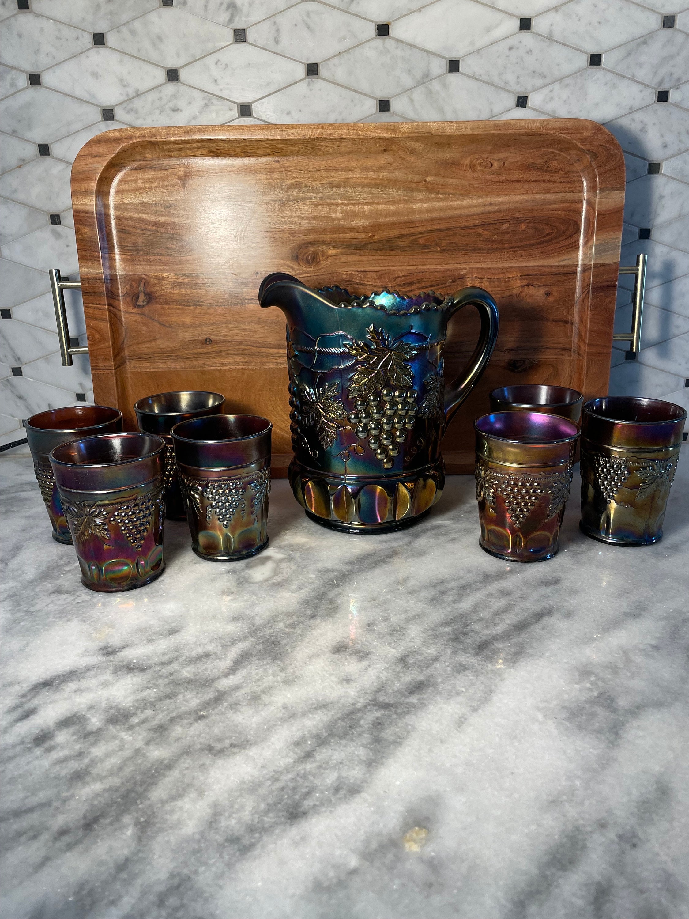 Northwood Carnival Glass Grape and Cable Pattern Water Set Pitcher