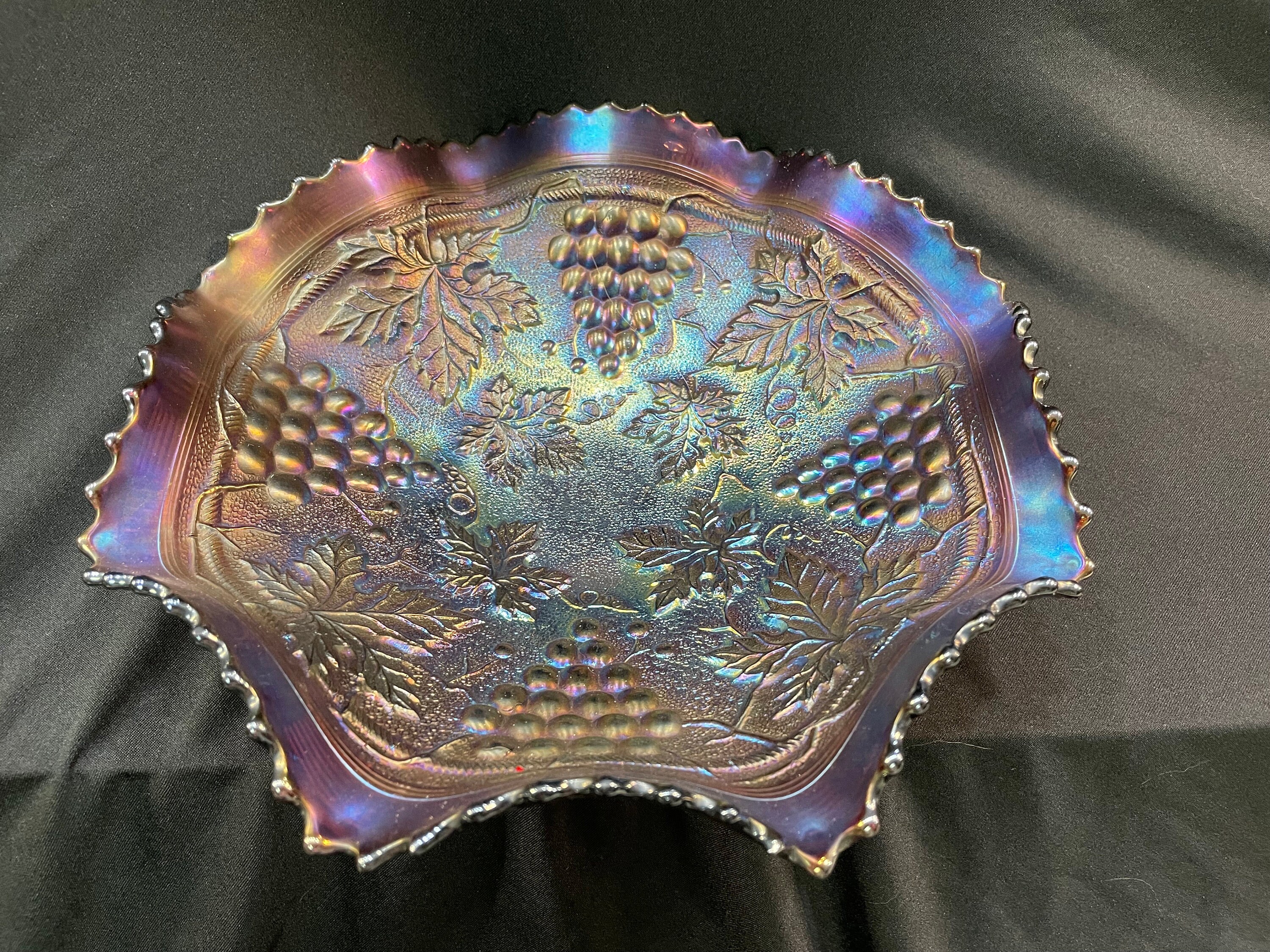 Antique Northwood Amethyst Carnival Glass Grape and Cable Ruffled