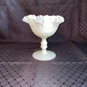 Fenton Milk Glass Hobnail Ruffle Double Crimped Edge Pedestal Compote Candy Dish