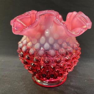 Vintage Fenton Cranberry Hobnail Ruffle Top Vase