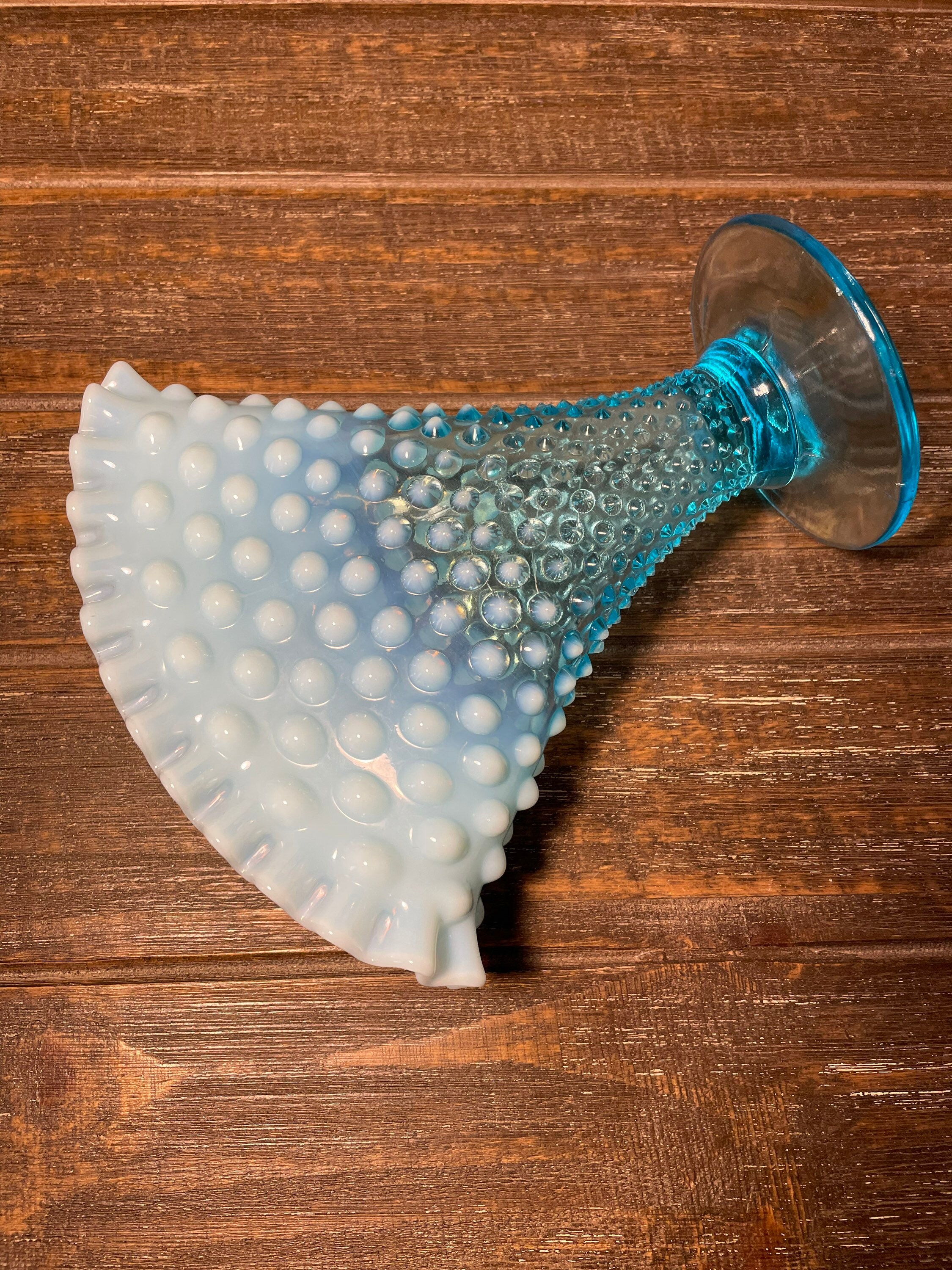 Fenton Blue Opalescent Hobnail Fan Vase Fenton Double Etsy