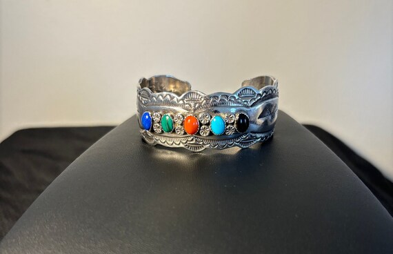 Sterling Silver Multi Stone Vintage Cuff Bracelet… - image 1