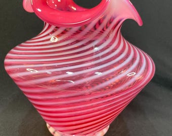 Vintage 1940s Fenton Opalescent Cranberry Spiral Swirl Striped