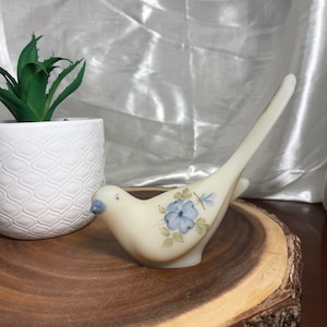Vintage Fenton Beige Custard Satin Long Tail Bird with Blue Flowers / Bird of Happiness/Signed & Hand Painted by Artist