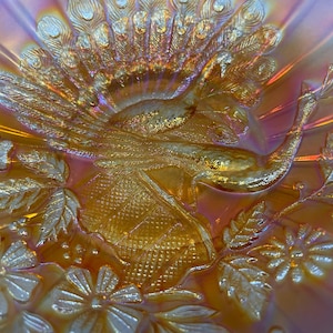 Northwood Peacock on the Fence Marigold Carnival Glass Bowl