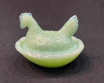 Vintage Miniature Jadeite Glass Hen on a Nest
