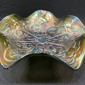 Antique Millersburg Green Little Stars Carnival Glass Bowl